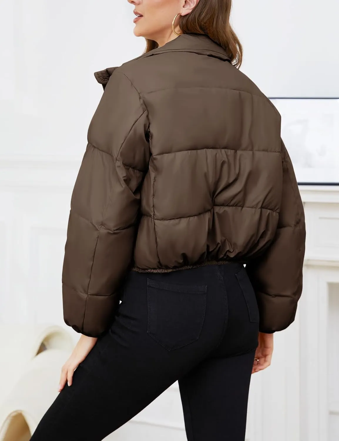 Gihuo Women's Cropped Puffer Jacket Long Sleeve Stand Collar Padded Coats Full Zip Up Quilted Jackets