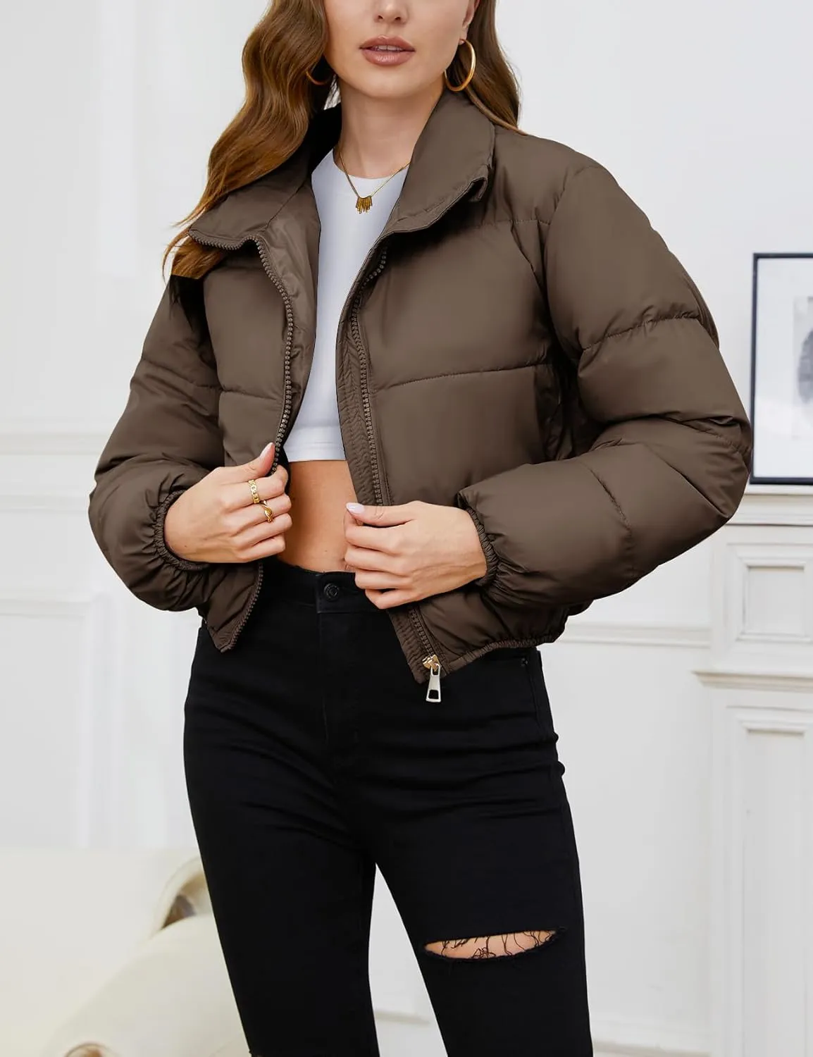 Gihuo Women's Cropped Puffer Jacket Long Sleeve Stand Collar Padded Coats Full Zip Up Quilted Jackets