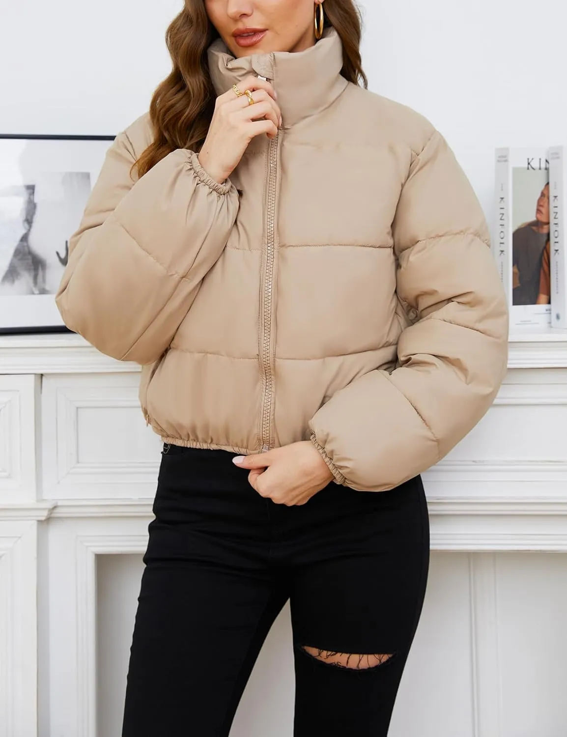 Gihuo Women's Cropped Puffer Jacket Long Sleeve Stand Collar Padded Coats Full Zip Up Quilted Jackets