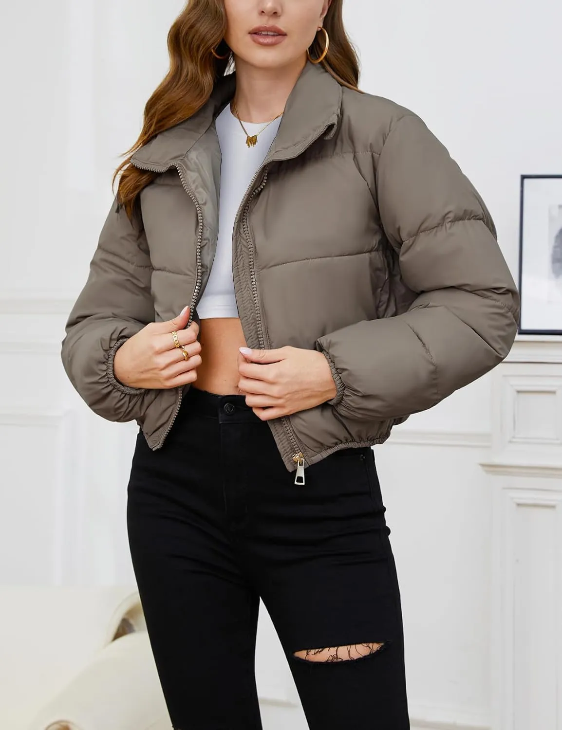 Gihuo Women's Cropped Puffer Jacket Long Sleeve Stand Collar Padded Coats Full Zip Up Quilted Jackets