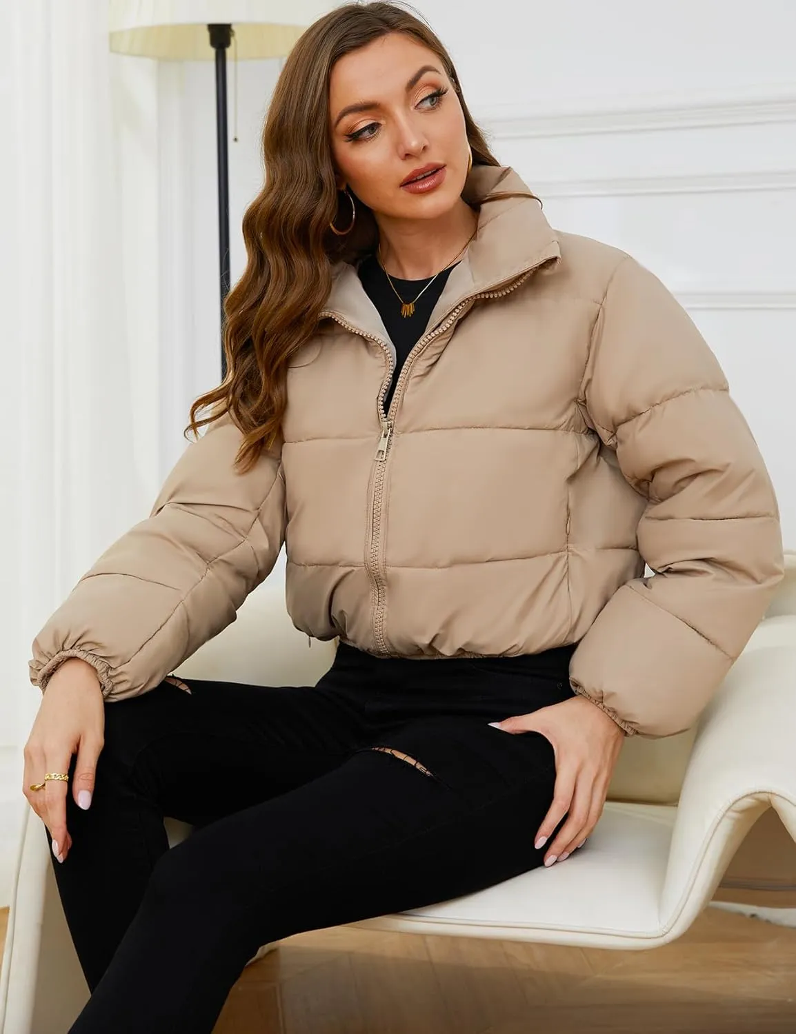 Gihuo Women's Cropped Puffer Jacket Long Sleeve Stand Collar Padded Coats Full Zip Up Quilted Jackets