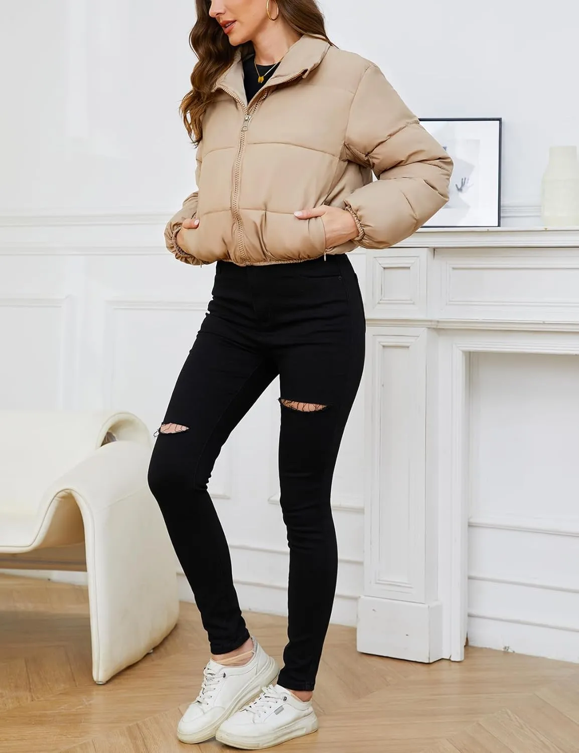 Gihuo Women's Cropped Puffer Jacket Long Sleeve Stand Collar Padded Coats Full Zip Up Quilted Jackets