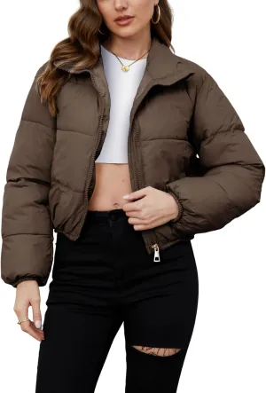 Gihuo Women's Cropped Puffer Jacket Long Sleeve Stand Collar Padded Coats Full Zip Up Quilted Jackets