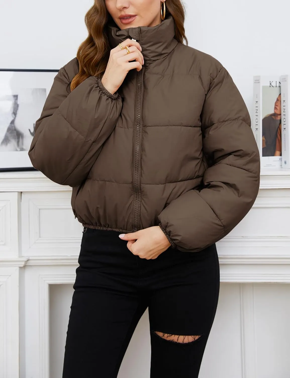Gihuo Women's Cropped Puffer Jacket Long Sleeve Stand Collar Padded Coats Full Zip Up Quilted Jackets