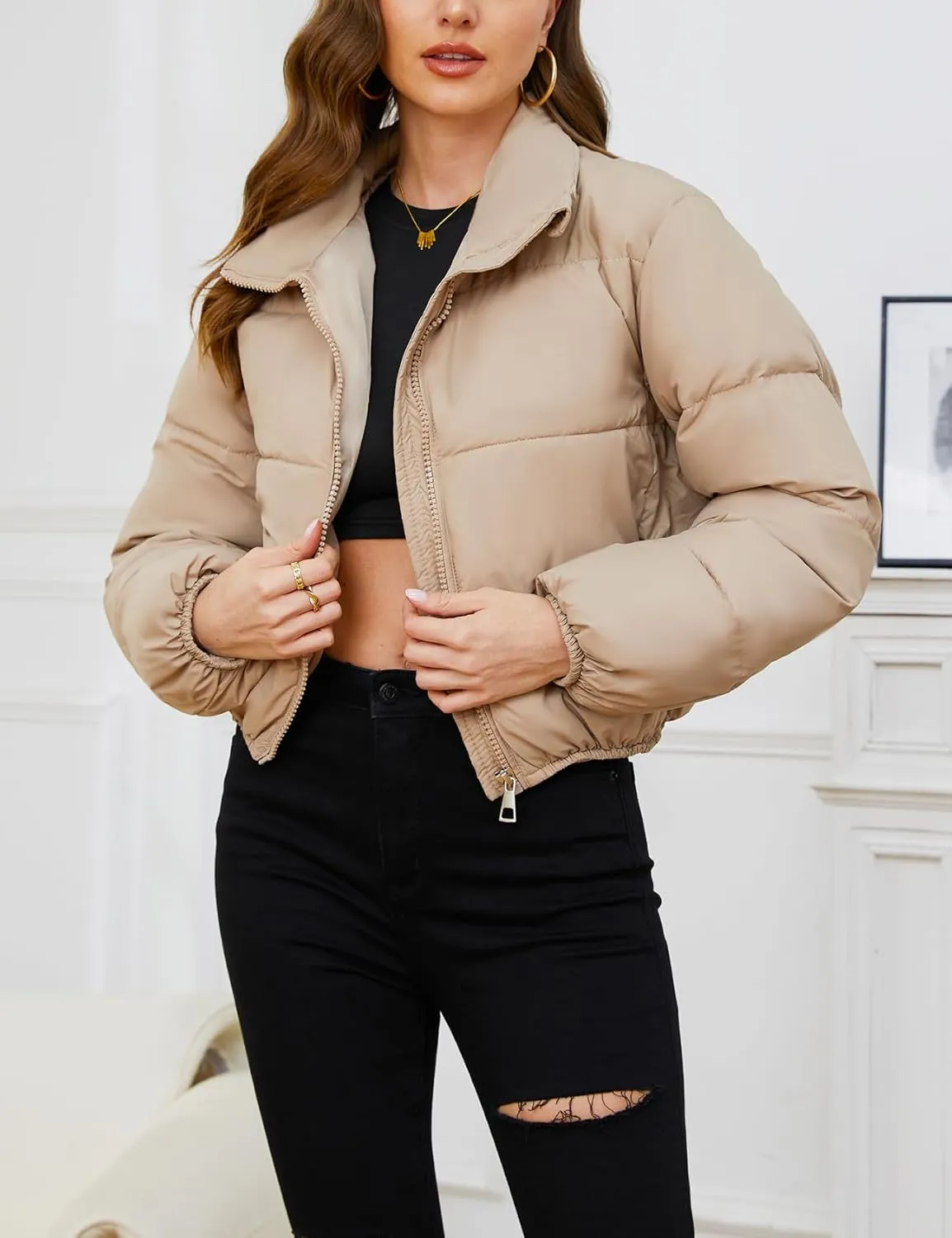 Gihuo Women's Cropped Puffer Jacket Long Sleeve Stand Collar Padded Coats Full Zip Up Quilted Jackets