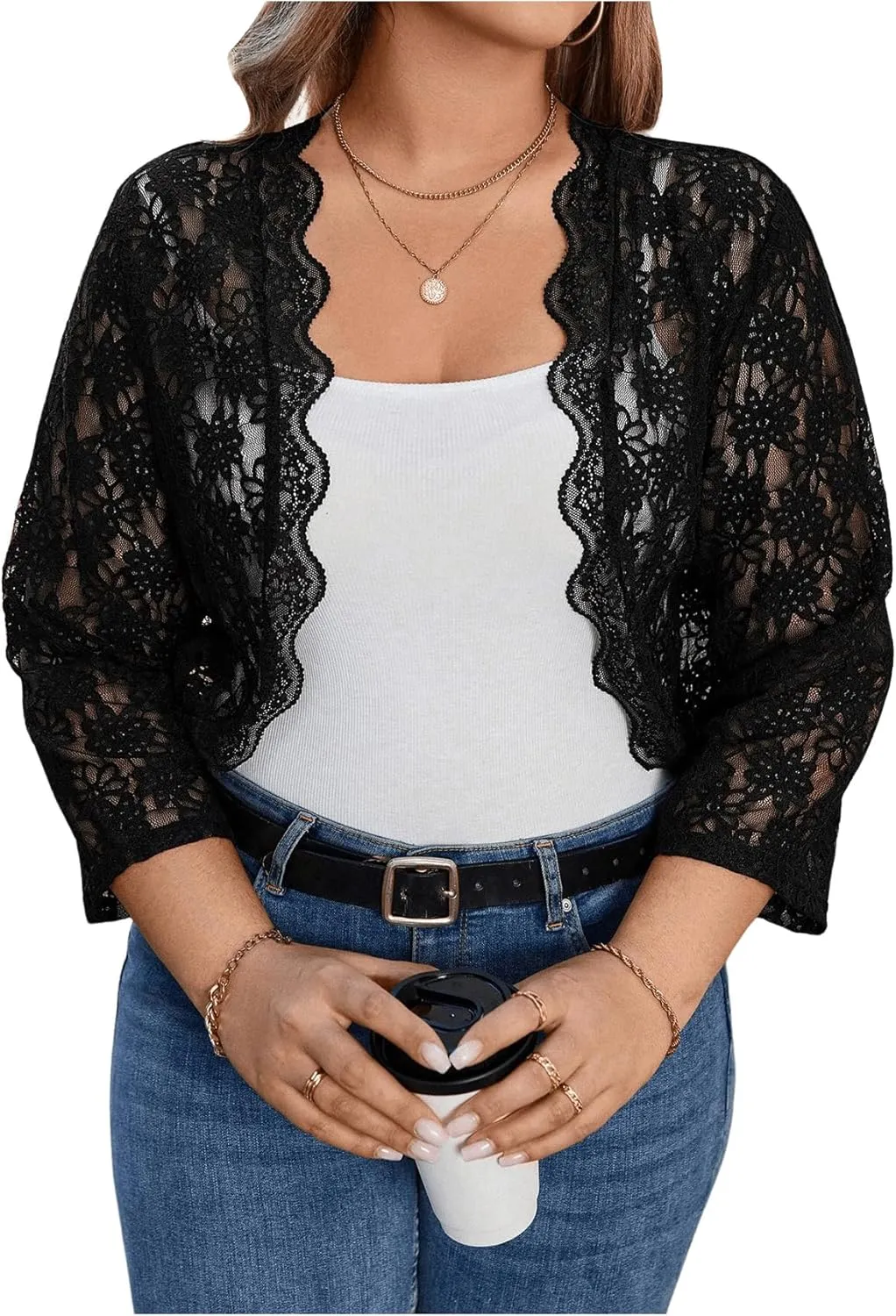 GORGLITTER Women's Plus Lace Shrugs Bolero Floral Sheer 3/4 Sleeve Open Front Lightweight Cardigans