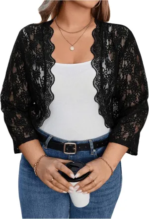 GORGLITTER Women's Plus Lace Shrugs Bolero Floral Sheer 3/4 Sleeve Open Front Lightweight Cardigans