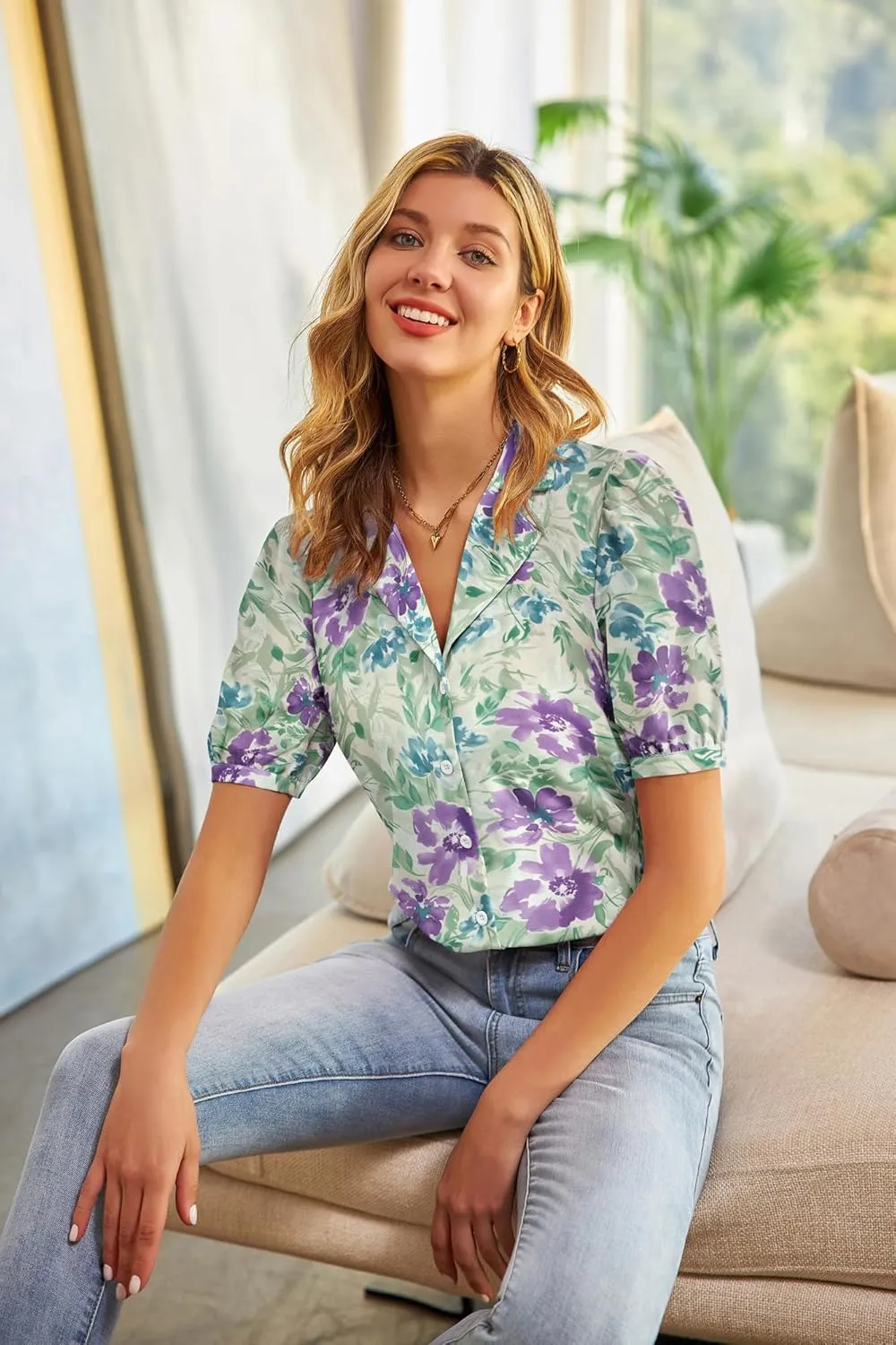 GRACE KARIN Womens Button Down Shirts Short Sleeve Long Sleeve Business Casual Tops V Neck Blouse