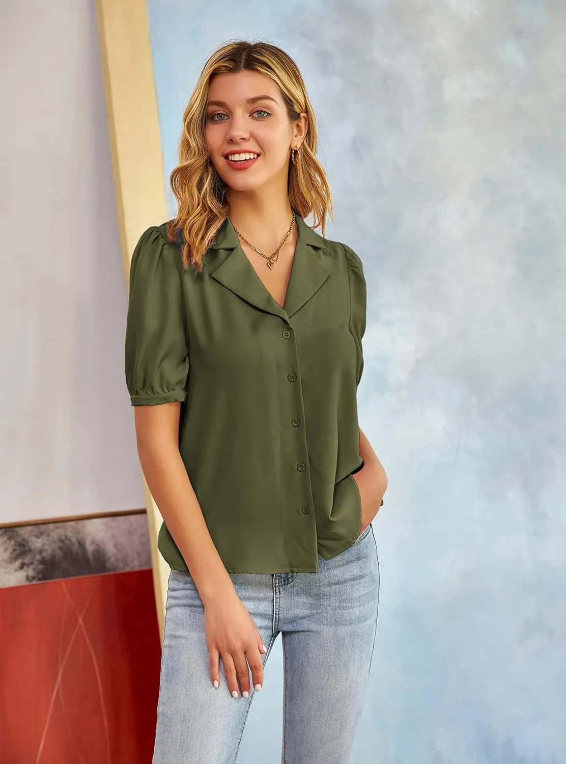 GRACE KARIN Womens Button Down Shirts Short Sleeve Long Sleeve Business Casual Tops V Neck Blouse