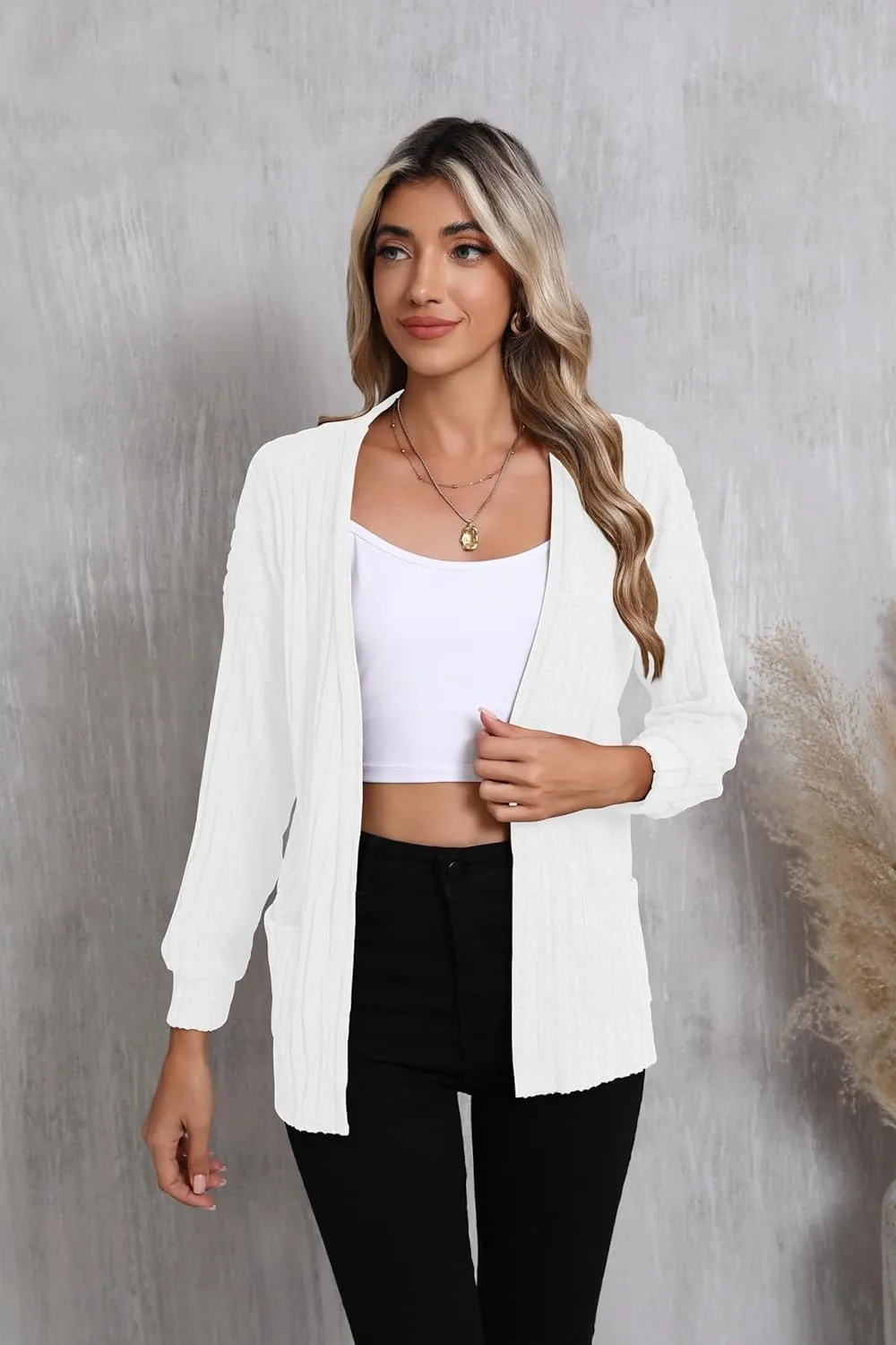 HIYIYEZI Women's Long Sleeve Open Front Cardigan Casual Lightweight Cardigans Knit Outwear with Pockets