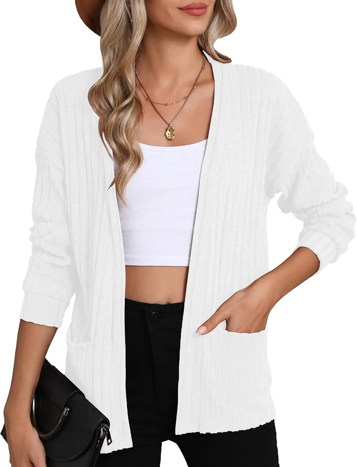 HIYIYEZI Women's Long Sleeve Open Front Cardigan Casual Lightweight Cardigans Knit Outwear with Pockets