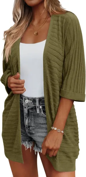HOTOUCH Women's Open Front Cardigan 3/4 Sleeve Ribbed Knit Cardigans Lightweight Casual Cardigan