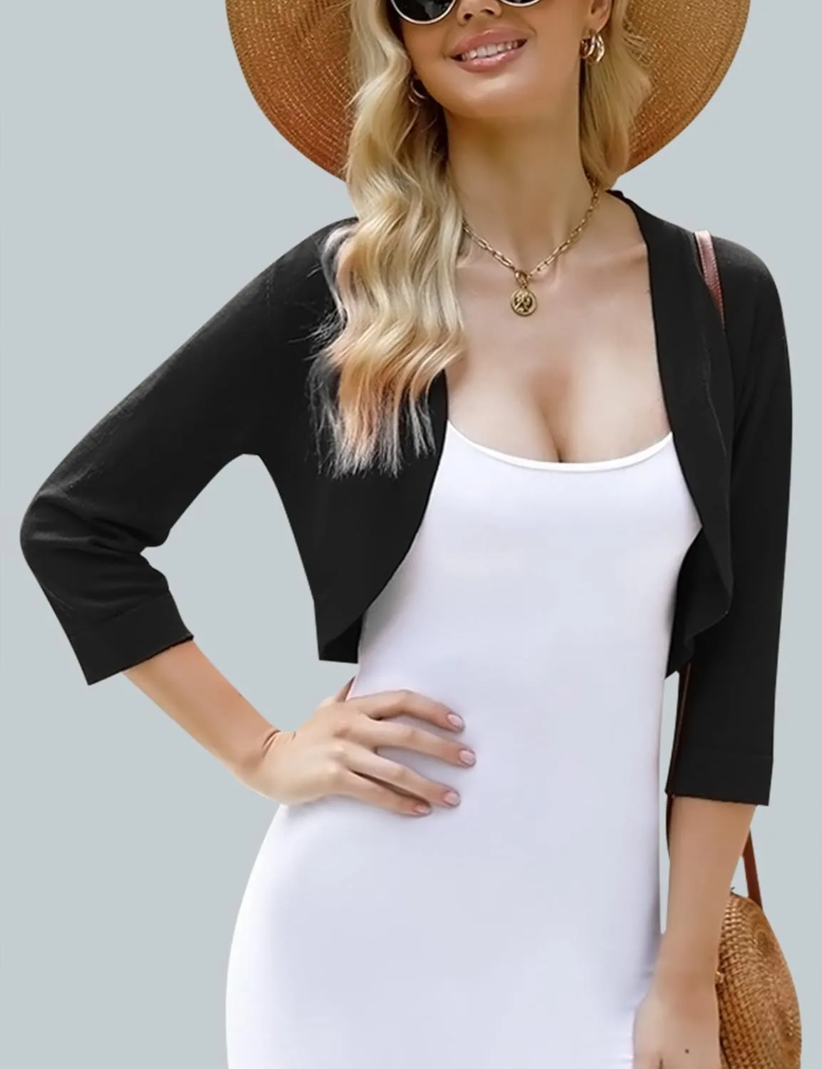 iClosam Womens 3/4 Sleeve Open Front Bolero Shrug Cropped Cardigans Knit Sweater Jacket