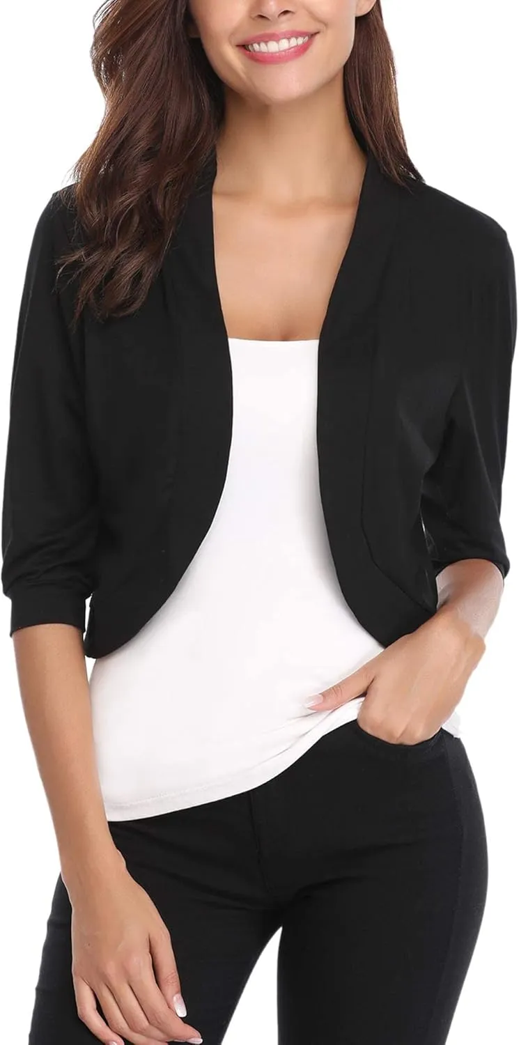 iClosam Womens 3/4 Sleeve Open Front Bolero Shrug Cropped Cardigans Knit Sweater Jacket