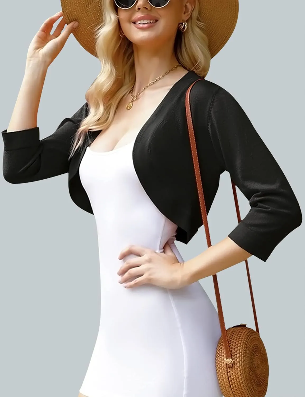 iClosam Womens 3/4 Sleeve Open Front Bolero Shrug Cropped Cardigans Knit Sweater Jacket