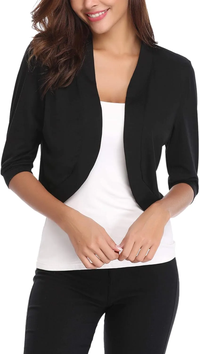 iClosam Womens 3/4 Sleeve Open Front Bolero Shrug Cropped Cardigans Knit Sweater Jacket
