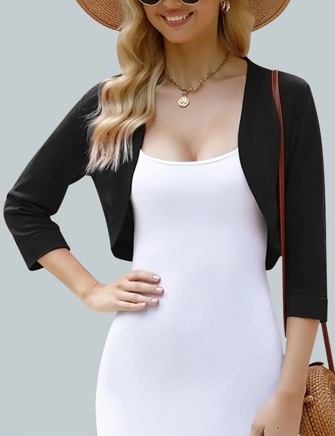 iClosam Womens 3/4 Sleeve Open Front Bolero Shrug Cropped Cardigans Knit Sweater Jacket