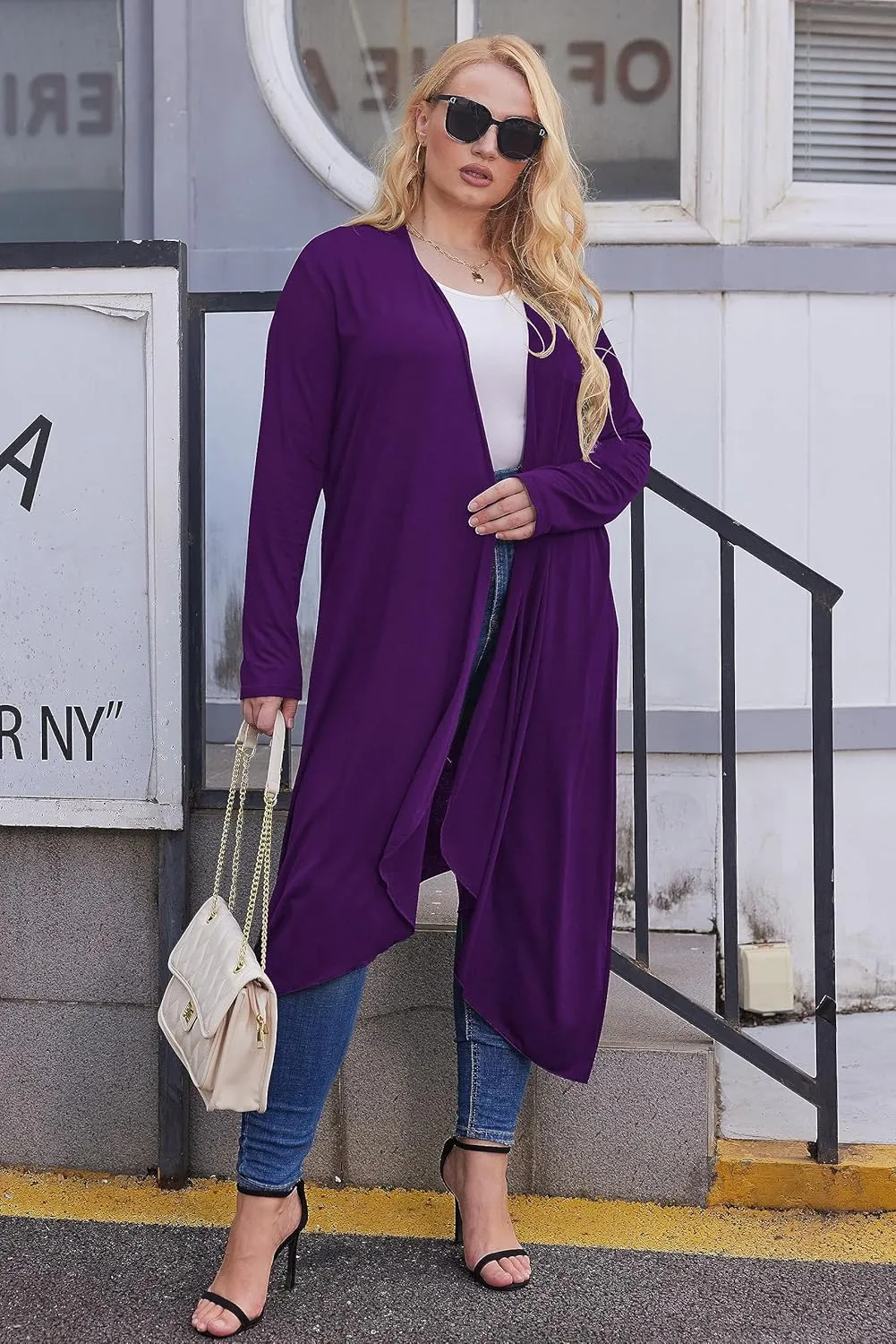 IN'VOLAND Women's Plus Size Cardigan Long Sleeve Open Front Drape Cardigans Lightweight Long DusterL-5XL