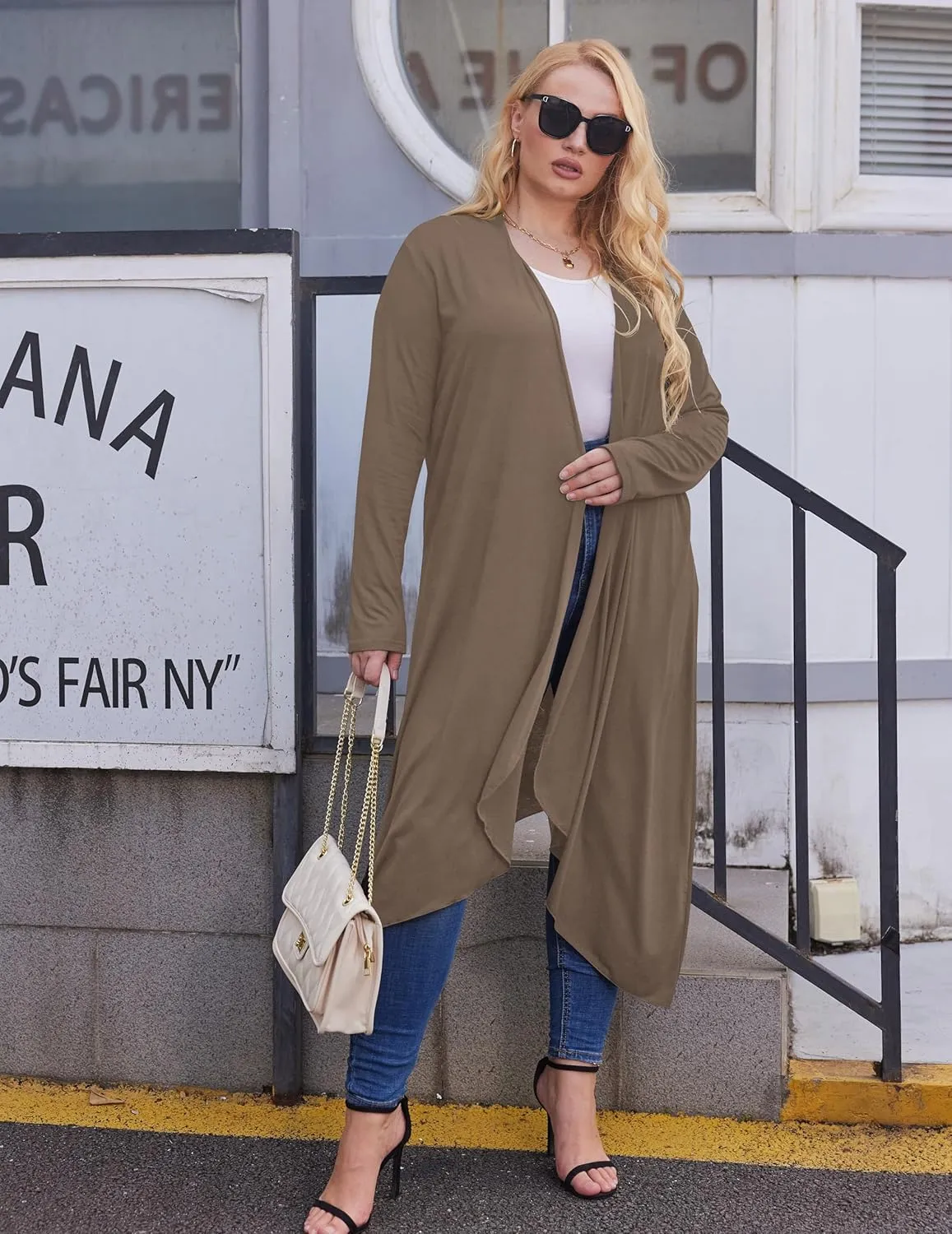 IN'VOLAND Women's Plus Size Cardigan Long Sleeve Open Front Drape Cardigans Lightweight Long DusterL-5XL