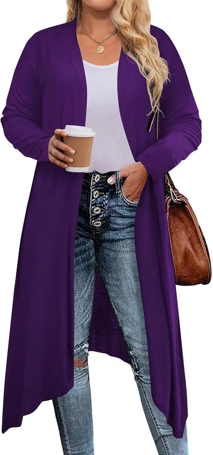 IN'VOLAND Women's Plus Size Cardigan Long Sleeve Open Front Drape Cardigans Lightweight Long DusterL-5XL