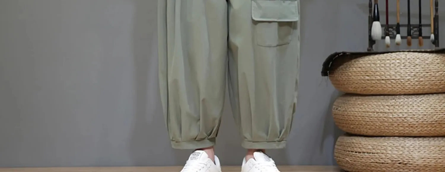 Japanese Spring Summer Casual Pants for Men Loose Cargo Harem Pants Ankle-Length Trousers