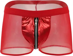 JEsilunmaMY Men's Zip Pouch Boxer Briefs Mid Waist Mesh Sheer Leather Underwear See Through Breathable Shorts Boxer Lingerie