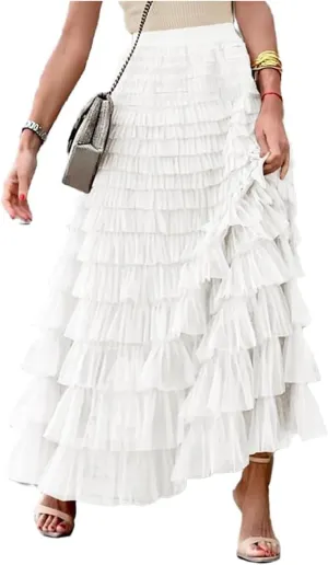 JITEM Women's Elastic Waist Ruffle Tiered Tulle Fairy Skirt Sweet A Line Party Cake Puffy Layered Tutu Maxi Skirt
