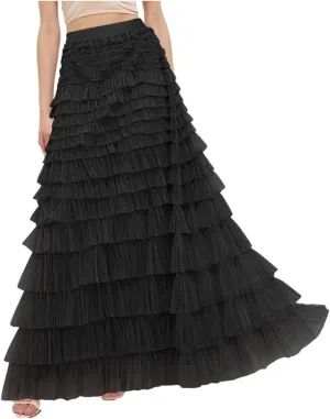 JITEM Women's Elastic Waist Ruffle Tiered Tulle Fairy Skirt Sweet A Line Party Cake Puffy Layered Tutu Maxi Skirt