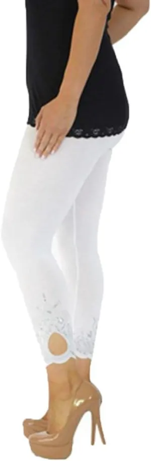 JOFOW Womens Leggings Solid Basic Lace Cuff High Waist Stretch Long Yoga Pants