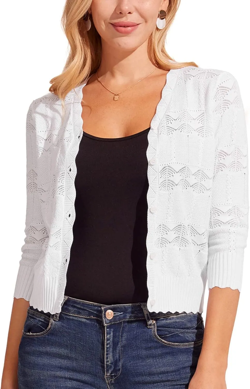 KANCY KOLE Women's 3/4 Sleeve Cropped Cardigan Casual Elegant Shrugs Lightweight Button Front Sweater for Dresses Tops