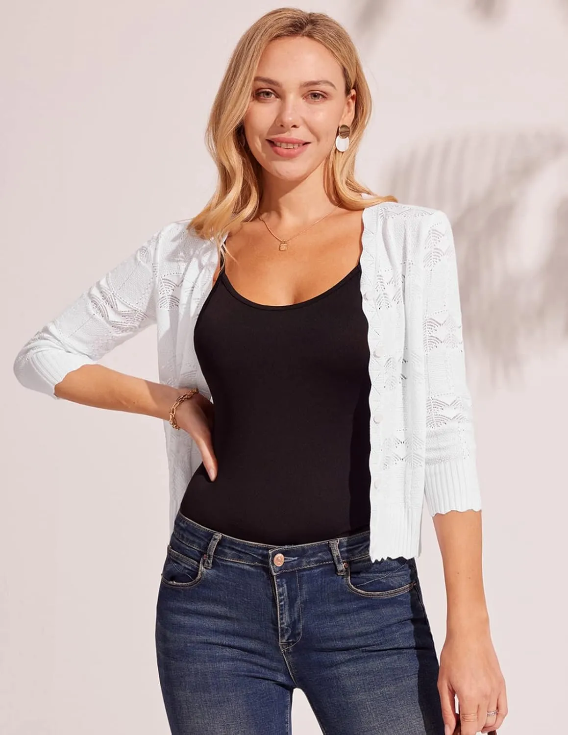 KANCY KOLE Women's 3/4 Sleeve Cropped Cardigan Casual Elegant Shrugs Lightweight Button Front Sweater for Dresses Tops