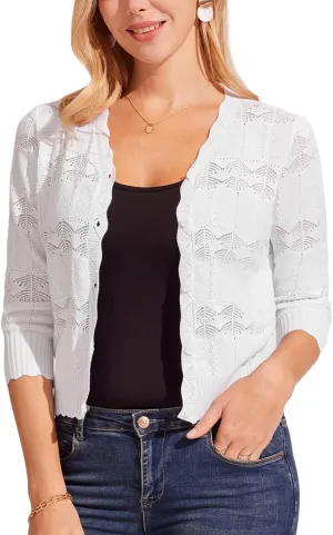 KANCY KOLE Women's 3/4 Sleeve Cropped Cardigan Casual Elegant Shrugs Lightweight Button Front Sweater for Dresses Tops