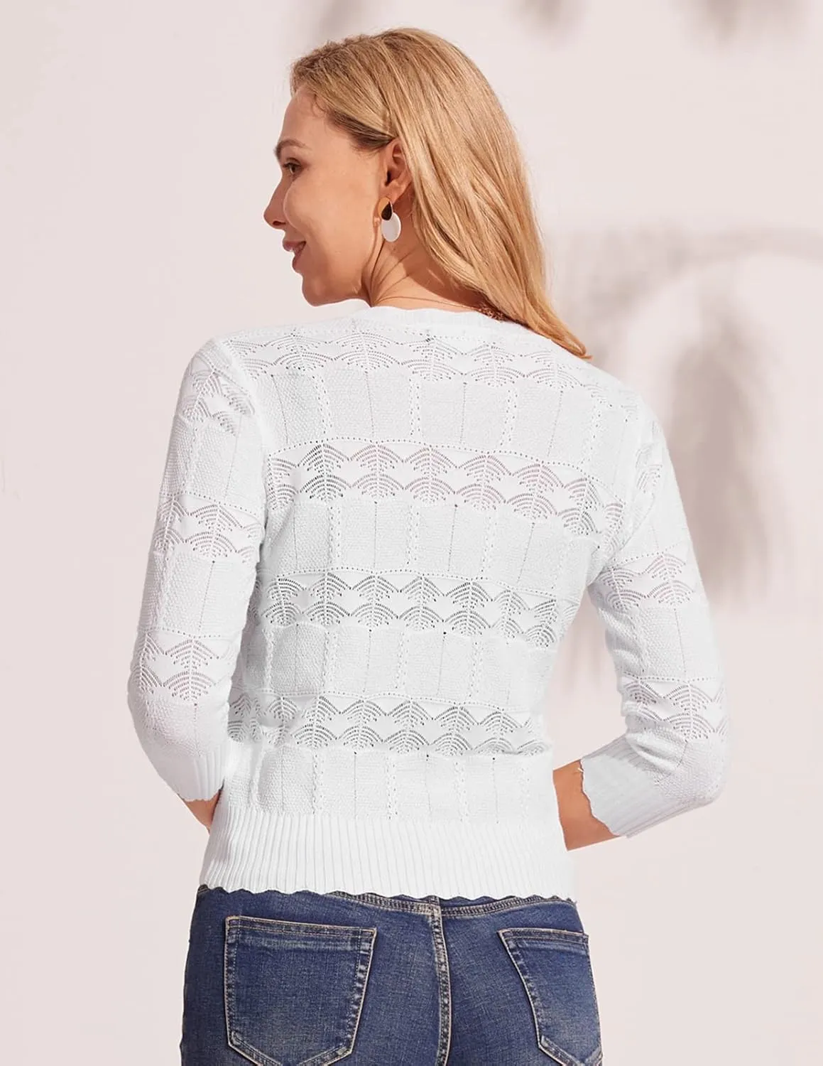 KANCY KOLE Women's 3/4 Sleeve Cropped Cardigan Casual Elegant Shrugs Lightweight Button Front Sweater for Dresses Tops