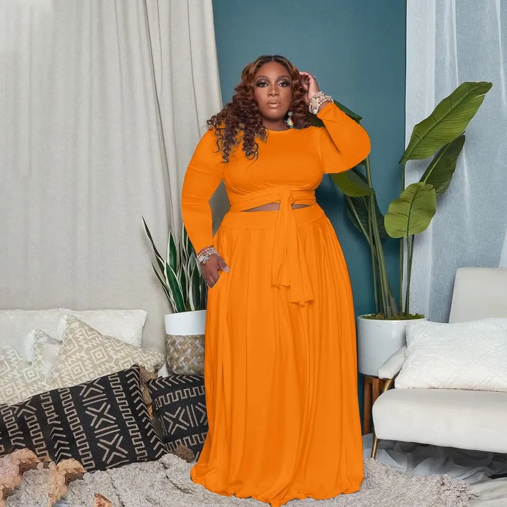 KELOVEPAN Plus Size Maxi Skirt Sets Women 2 Piece Outfits Sexy Clubwear Long Sleeve Tie Up Top Maxi Skirt Set Dress