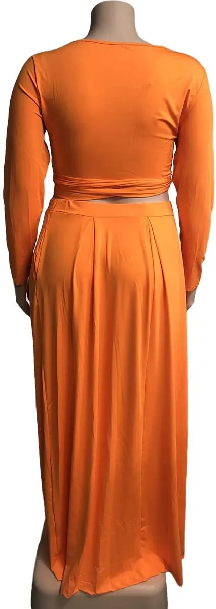 KELOVEPAN Plus Size Maxi Skirt Sets Women 2 Piece Outfits Sexy Clubwear Long Sleeve Tie Up Top Maxi Skirt Set Dress