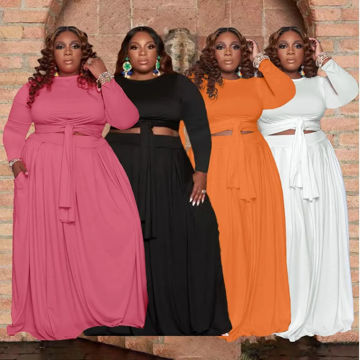 KELOVEPAN Plus Size Maxi Skirt Sets Women 2 Piece Outfits Sexy Clubwear Long Sleeve Tie Up Top Maxi Skirt Set Dress