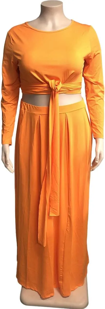 KELOVEPAN Plus Size Maxi Skirt Sets Women 2 Piece Outfits Sexy Clubwear Long Sleeve Tie Up Top Maxi Skirt Set Dress