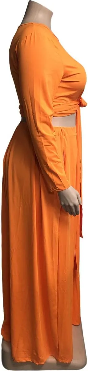 KELOVEPAN Plus Size Maxi Skirt Sets Women 2 Piece Outfits Sexy Clubwear Long Sleeve Tie Up Top Maxi Skirt Set Dress