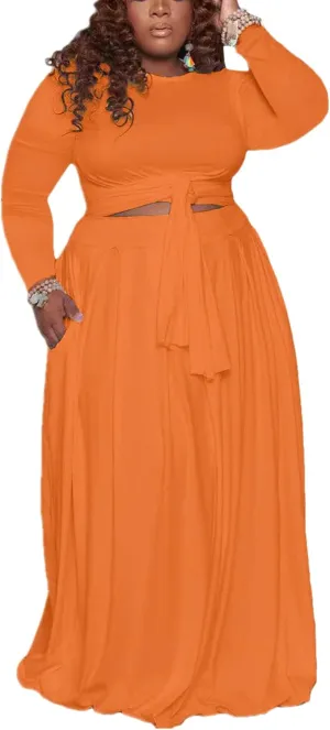 KELOVEPAN Plus Size Maxi Skirt Sets Women 2 Piece Outfits Sexy Clubwear Long Sleeve Tie Up Top Maxi Skirt Set Dress