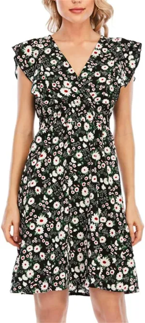 KEOMUD Women's Floral Print V Neck A-Line Summer Ruffle Sleeve Mini Dress Cute Short Dress