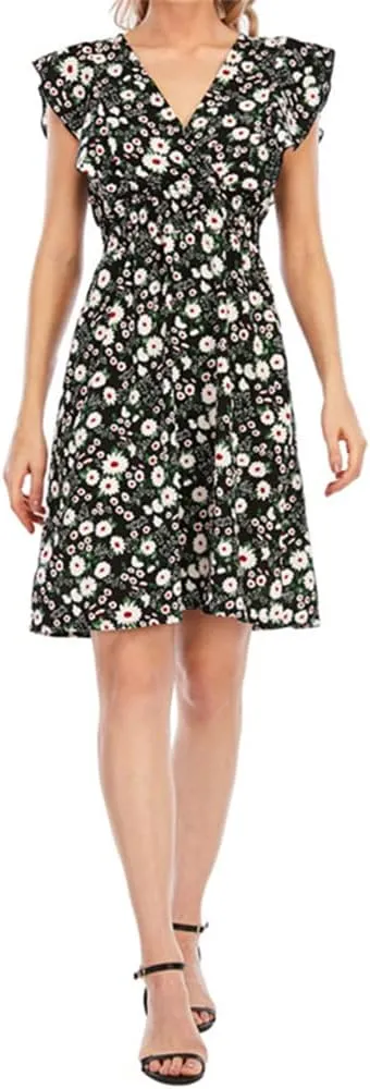 KEOMUD Women's Floral Print V Neck A-Line Summer Ruffle Sleeve Mini Dress Cute Short Dress
