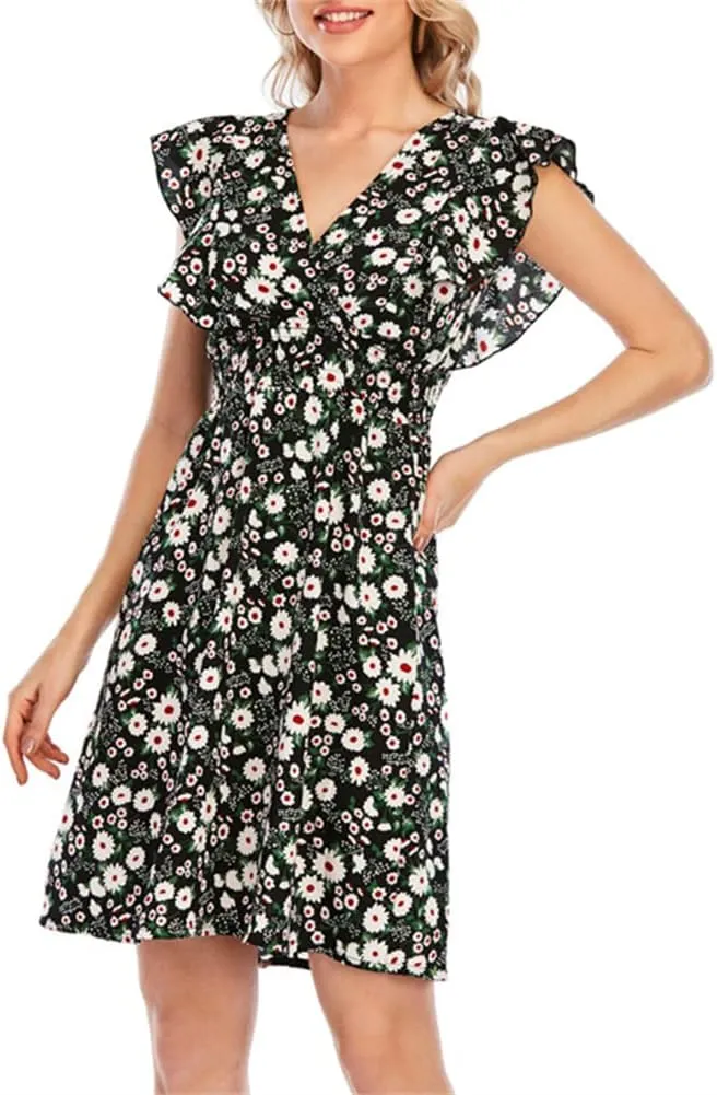 KEOMUD Women's Floral Print V Neck A-Line Summer Ruffle Sleeve Mini Dress Cute Short Dress