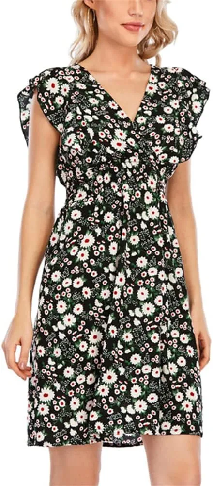 KEOMUD Women's Floral Print V Neck A-Line Summer Ruffle Sleeve Mini Dress Cute Short Dress