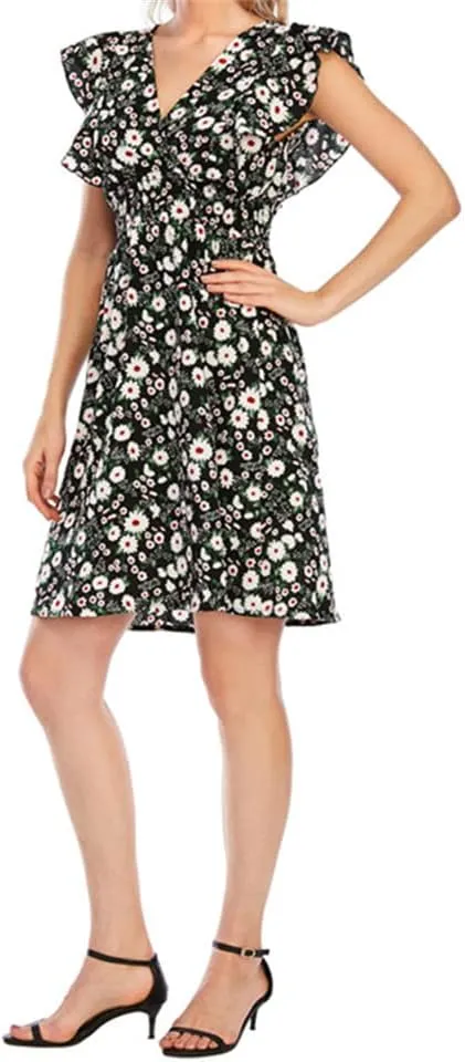 KEOMUD Women's Floral Print V Neck A-Line Summer Ruffle Sleeve Mini Dress Cute Short Dress