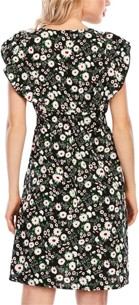 KEOMUD Women's Floral Print V Neck A-Line Summer Ruffle Sleeve Mini Dress Cute Short Dress