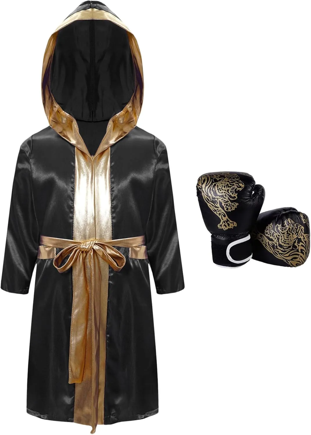 Kids Boys Boxing Outfits Satin Hooded Robe Cloak And Boxer Gloves Set Halloween Cosplay Boxer Costume