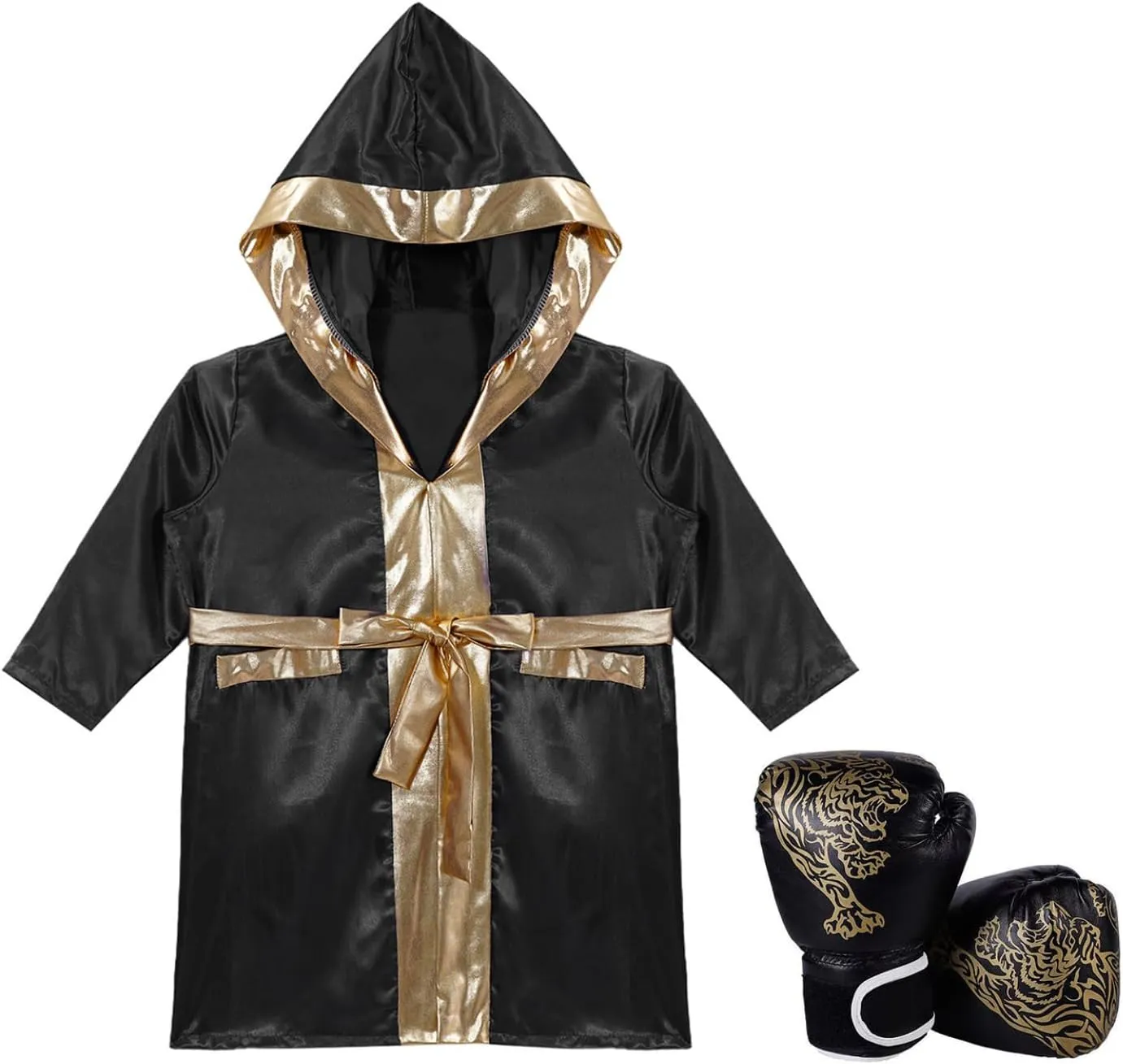 Kids Boys Boxing Outfits Satin Hooded Robe Cloak And Boxer Gloves Set Halloween Cosplay Boxer Costume