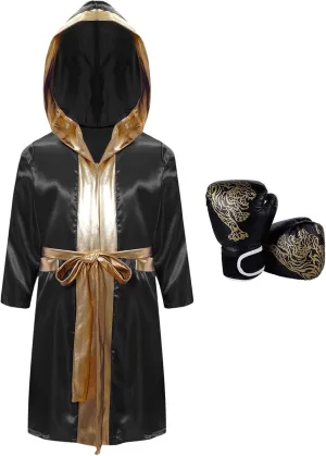 Kids Boys Boxing Outfits Satin Hooded Robe Cloak And Boxer Gloves Set Halloween Cosplay Boxer Costume