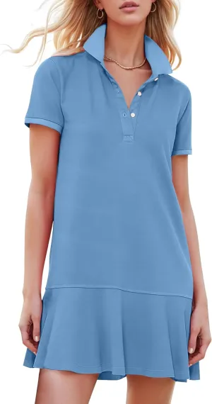 Kissonic Women's Polo Dress Short Sleeve V Neck Ruffle Hem Casual Summer Golf Tennis Mini Shirt Dresses