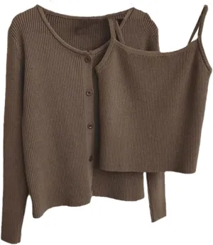Knitted Cardigan Two 2 Piece Set Women Spring Autumn Outfits Cardigans Tops and Blouses Sets